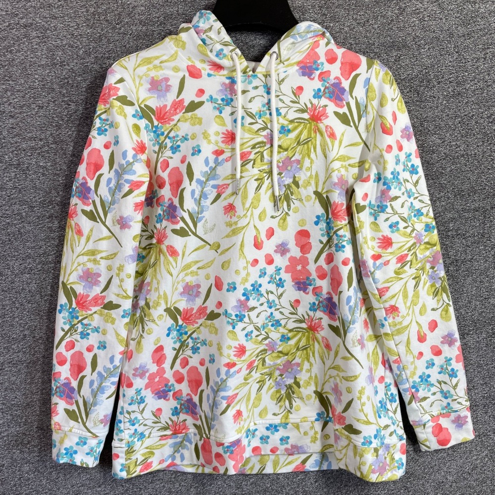 Denim &‎ Co Hoodie XS Floral French Terry White Pink Blue Long Sleeve Pullover